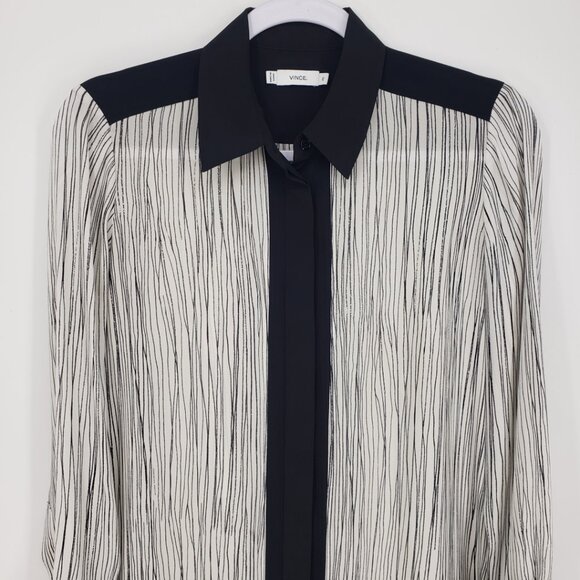 Vince Wavy Striped Silk Button Down Tunic Blouse Top XS Womens Cream Black - Picture 6 of 12